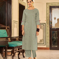 Laxmipati Muslin Sea Salt Straight Cut Kurti With Embroidery Butti
