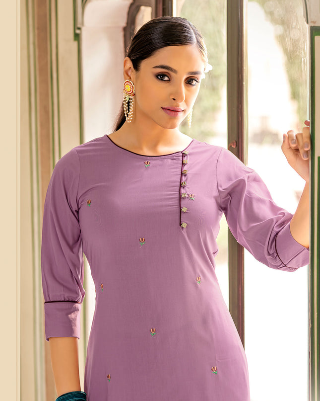 Laxmipati Muslin Plum Purple Straight Cut Kurti With Embroidery Butti