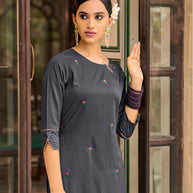 Laxmipati Muslin Slate Grey Straight Cut Kurti With Embroidery Butti