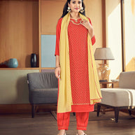Laxmipati Scarlet Orange Straight Cut Kurti, Pant & Dupatta