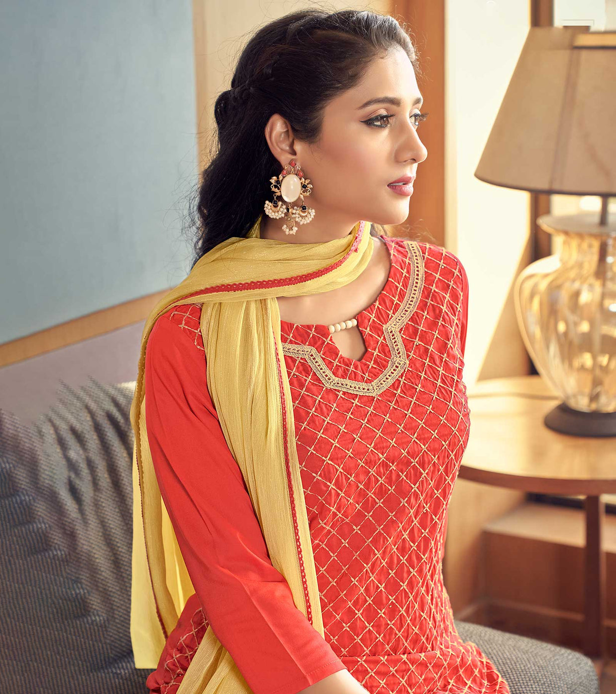 Laxmipati Scarlet Orange Straight Cut Kurti, Pant & Dupatta