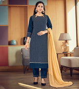 Laxmipati Denim Blue Straight Cut Kurti, Pant & Dupatta