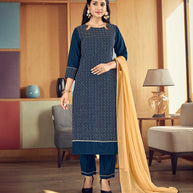 Laxmipati Denim Blue Straight Cut Kurti, Pant & Dupatta