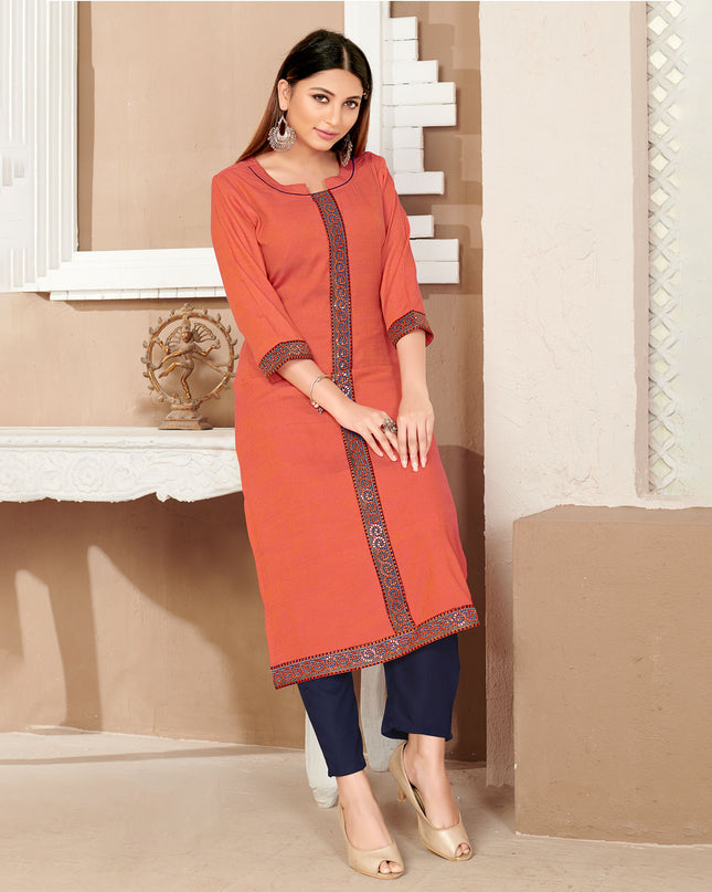 Laxmipati Rayon Cross Narangi Beautifully Placed Embroidered Boarder Straightfit Kurti With Evergreen Necklines, Enhancing With Stylish Button .