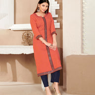 Laxmipati Rayon Cross Narangi Beautifully Placed Embroidered Boarder Straightfit Kurti With Evergreen Necklines, Enhancing With Stylish Button .