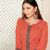 Laxmipati Rayon Cross Narangi Beautifully Placed Embroidered Boarder Straightfit Kurti With Evergreen Necklines, Enhancing With Stylish Button .