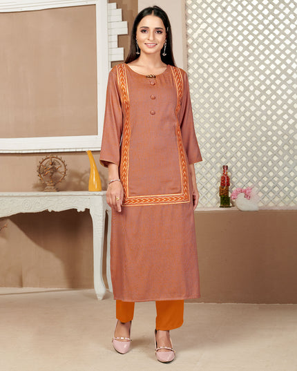 Laxmipati Rayon Cross Yam Orange Beautifully Placed Embroidered Boarder Straightfit Kurti With Evergreen Necklines, Enhancing With Stylish Button .