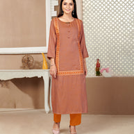 Laxmipati Rayon Cross Yam Orange Beautifully Placed Embroidered Boarder Straightfit Kurti With Evergreen Necklines, Enhancing With Stylish Button .