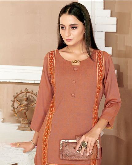 Laxmipati Rayon Cross Yam Orange Beautifully Placed Embroidered Boarder Straightfit Kurti With Evergreen Necklines, Enhancing With Stylish Button .