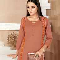 Laxmipati Rayon Cross Yam Orange Beautifully Placed Embroidered Boarder Straightfit Kurti With Evergreen Necklines, Enhancing With Stylish Button .