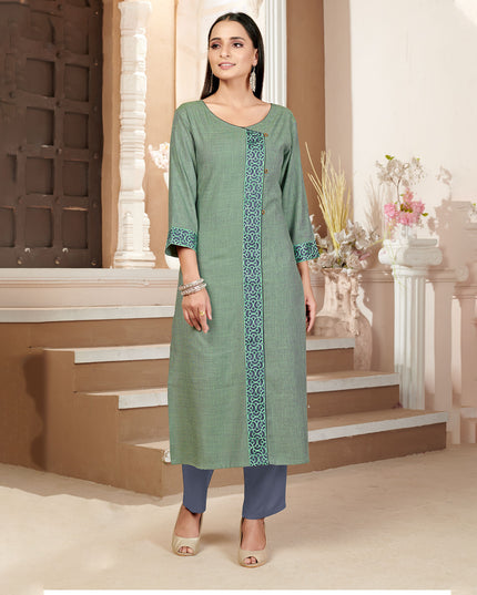 Laxmipati Rayon Cross Salem Green Beautifully Placed Embroidered Boarder Straightfit Kurti With Evergreen Necklines, Enhancing With Stylish Button .