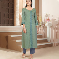 Laxmipati Rayon Cross Salem Green Beautifully Placed Embroidered Boarder Straightfit Kurti With Evergreen Necklines, Enhancing With Stylish Button .