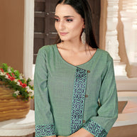 Laxmipati Rayon Cross Salem Green Beautifully Placed Embroidered Boarder Straightfit Kurti With Evergreen Necklines, Enhancing With Stylish Button .
