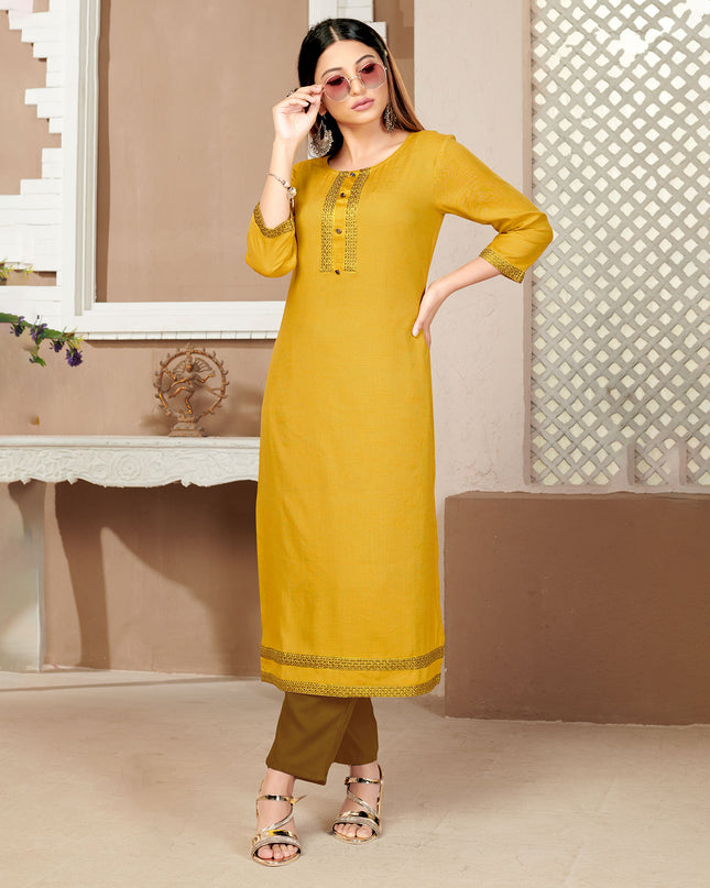 Laxmipati Rayon Cross Yellow  Beautifully Placed Embroidered Boarder Straightfit Kurti With Evergreen Necklines, Enhancing With Stylish Button .