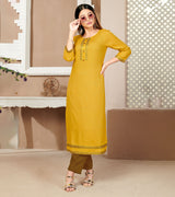 Laxmipati Rayon Cross Yellow  Beautifully Placed Embroidered Boarder Straightfit Kurti With Evergreen Necklines, Enhancing With Stylish Button .