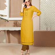 Laxmipati Rayon Cross Yellow  Beautifully Placed Embroidered Boarder Straightfit Kurti With Evergreen Necklines, Enhancing With Stylish Button .