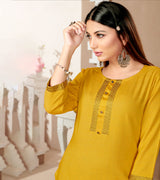 Laxmipati Rayon Cross Yellow  Beautifully Placed Embroidered Boarder Straightfit Kurti With Evergreen Necklines, Enhancing With Stylish Button .