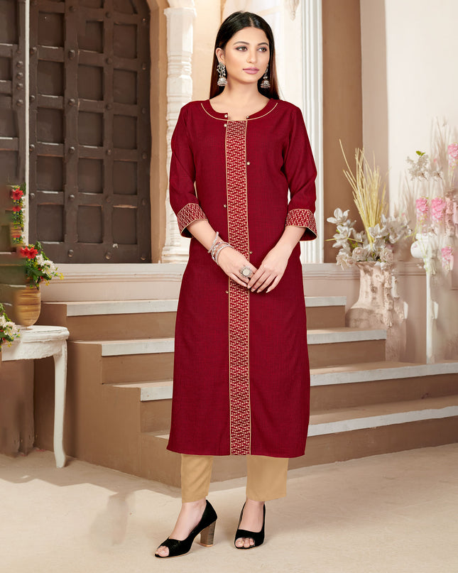 Laxmipati Rayon Cross Garnet Red Beautifully Placed Embroidered Boarder Straightfit Kurti With Evergreen Necklines, Enhancing With Stylish Button .