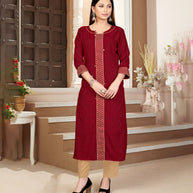 Laxmipati Rayon Cross Garnet Red Beautifully Placed Embroidered Boarder Straightfit Kurti With Evergreen Necklines, Enhancing With Stylish Button .
