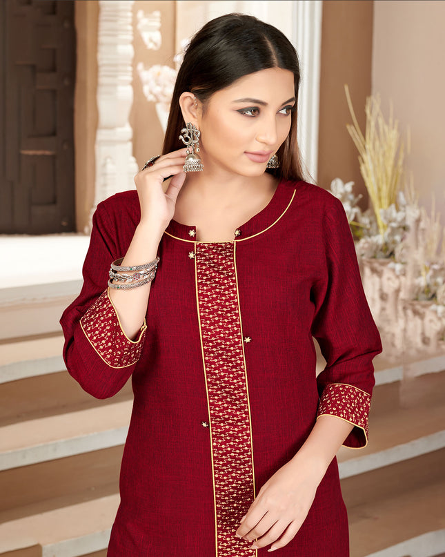 Laxmipati Rayon Cross Garnet Red Beautifully Placed Embroidered Boarder Straightfit Kurti With Evergreen Necklines, Enhancing With Stylish Button .