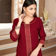 Laxmipati Rayon Cross Garnet Red Beautifully Placed Embroidered Boarder Straightfit Kurti With Evergreen Necklines, Enhancing With Stylish Button .