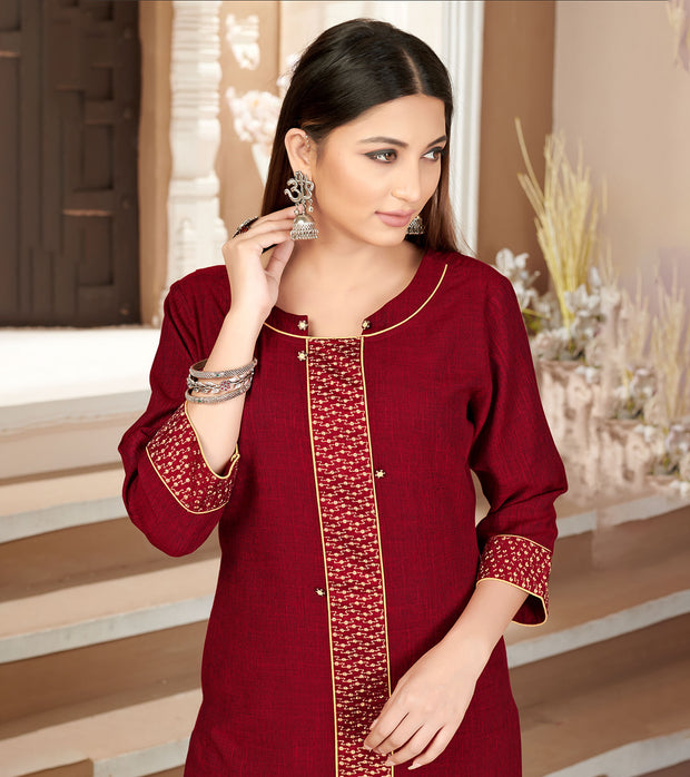 Laxmipati Rayon Cross Garnet Red Beautifully Placed Embroidered Boarder Straightfit Kurti With Evergreen Necklines, Enhancing With Stylish Button .