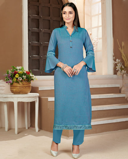 Laxmipati Rayon Cross Boho Blue Beautifully Placed Embroidered Boarder Straightfit Kurti With Evergreen Necklines, Enhancing With Stylish Button .