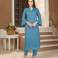 Laxmipati Rayon Cross Boho Blue Beautifully Placed Embroidered Boarder Straightfit Kurti With Evergreen Necklines, Enhancing With Stylish Button .