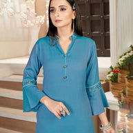 Laxmipati Rayon Cross Boho Blue Beautifully Placed Embroidered Boarder Straightfit Kurti With Evergreen Necklines, Enhancing With Stylish Button .