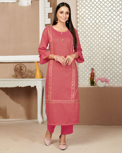 Laxmipati Rayon Cross Baby Pink Beautifully Placed Embroidered Boarder Straightfit Kurti With Evergreen Necklines, Enhancing With Stylish Button .