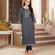 Laxmipati Rayon Cross Prussian Beautifully Placed Embroidered Boarder Straightfit Kurti With Evergreen Necklines, Enhancing With Stylish Button .