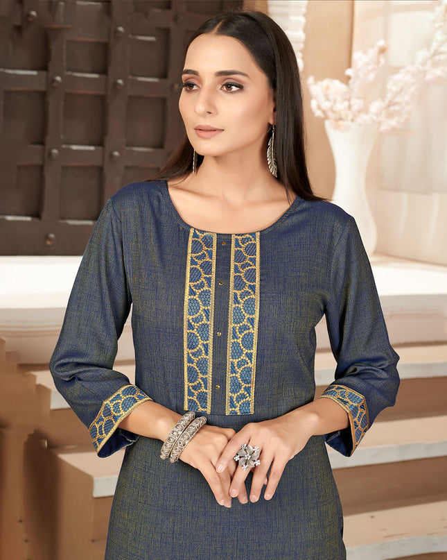 Laxmipati Rayon Cross Prussian Beautifully Placed Embroidered Boarder Straightfit Kurti With Evergreen Necklines, Enhancing With Stylish Button .