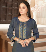 Laxmipati Rayon Cross Prussian Beautifully Placed Embroidered Boarder Straightfit Kurti With Evergreen Necklines, Enhancing With Stylish Button .