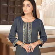 Laxmipati Rayon Cross Prussian Beautifully Placed Embroidered Boarder Straightfit Kurti With Evergreen Necklines, Enhancing With Stylish Button .