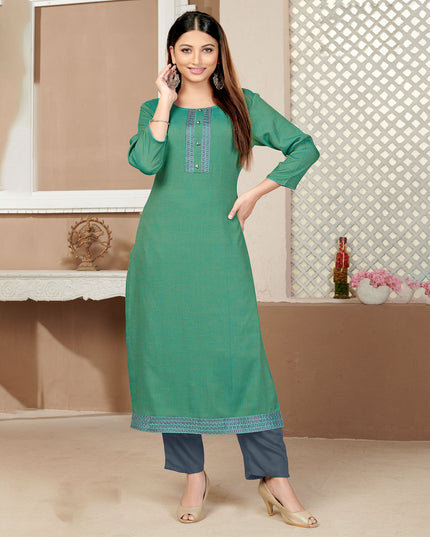 Laxmipati Rayon Cross Turquoise Beautifully Placed Embroidered Boarder Straightfit Kurti With Evergreen Necklines, Enhancing With Stylish Button .