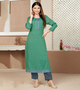 Laxmipati Rayon Cross Turquoise Beautifully Placed Embroidered Boarder Straightfit Kurti With Evergreen Necklines, Enhancing With Stylish Button .