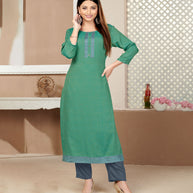 Laxmipati Rayon Cross Turquoise Beautifully Placed Embroidered Boarder Straightfit Kurti With Evergreen Necklines, Enhancing With Stylish Button .