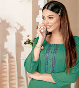 Laxmipati Rayon Cross Turquoise Beautifully Placed Embroidered Boarder Straightfit Kurti With Evergreen Necklines, Enhancing With Stylish Button .