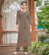 Laxmipati Carnival Muslin Brown Hand Print Straight Kurti With Fancy Pant