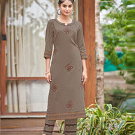Laxmipati Carnival Muslin Brown Hand Print Straight Kurti With Fancy Pant