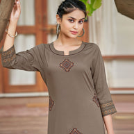 Laxmipati Carnival Muslin Brown Hand Print Straight Kurti With Fancy Pant