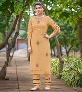 Laxmipati Carnival Muslin Multani brown Hand Print Straight Kurti With Fancy Pant