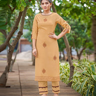 Laxmipati Carnival Muslin Multani brown Hand Print Straight Kurti With Fancy Pant