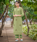 Laxmipati Carnival Muslin Olive green Hand Print Straight Kurti With Fancy Pant