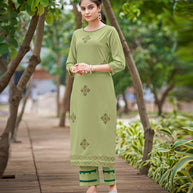 Laxmipati Carnival Muslin Olive green Hand Print Straight Kurti With Fancy Pant