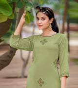 Laxmipati Carnival Muslin Olive green Hand Print Straight Kurti With Fancy Pant