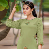 Laxmipati Carnival Muslin Olive green Hand Print Straight Kurti With Fancy Pant