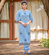 Laxmipati Carnival Muslin Cornflower blue Hand Print Straight Kurti With Fancy Pant