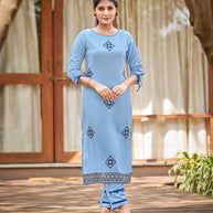 Laxmipati Carnival Muslin Cornflower blue Hand Print Straight Kurti With Fancy Pant