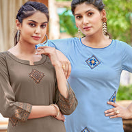 Laxmipati Carnival Muslin Cornflower blue Hand Print Straight Kurti With Fancy Pant